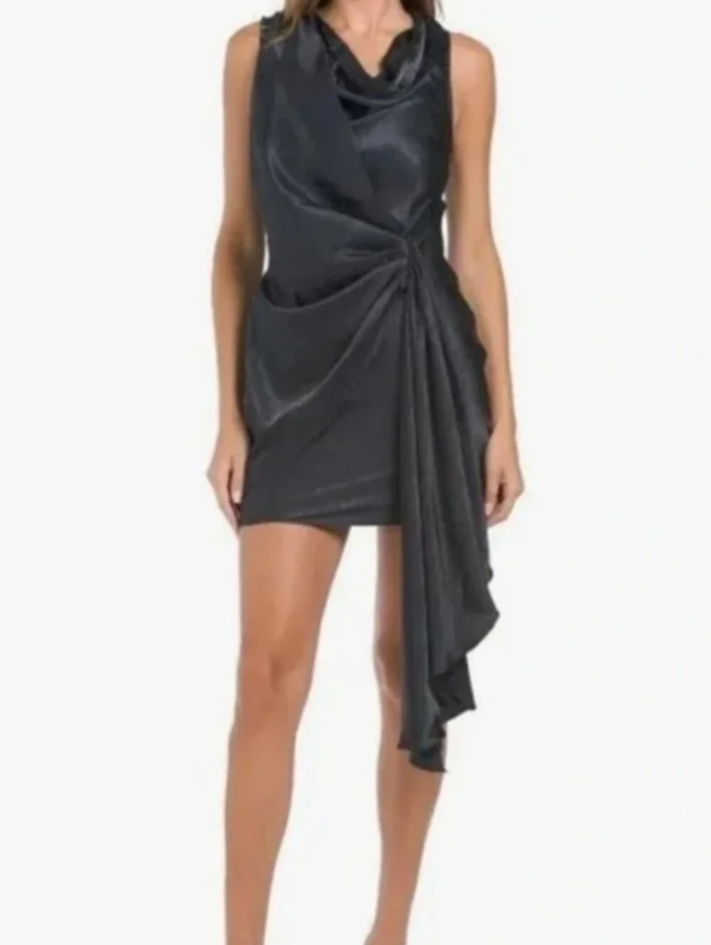 Torn By Ronny Kobo Black Draped Cascade Mini Dress Asymmetrical Ruffle Sz Large - Picture 7 of 9